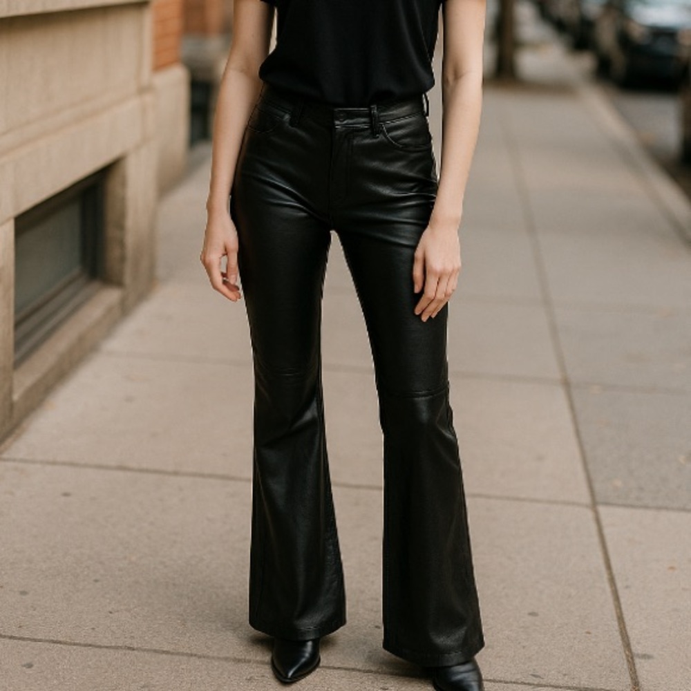 FREE PEOPLE Women Size 29 Black Faux Leather Elastic Waist Bell Bottom Wide Leg